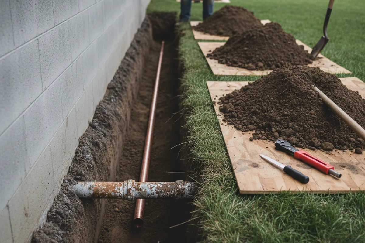 Excavated water line trench during Water Softener Installation in Mather